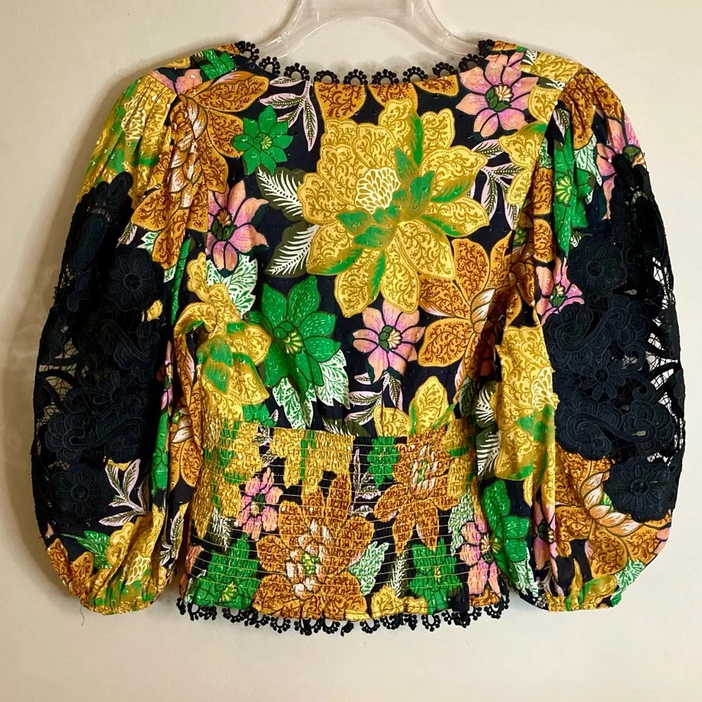 NEW Farm Rio Black Garden Puff Sleeve Blouse Tropical Floral Lace Inset Size S